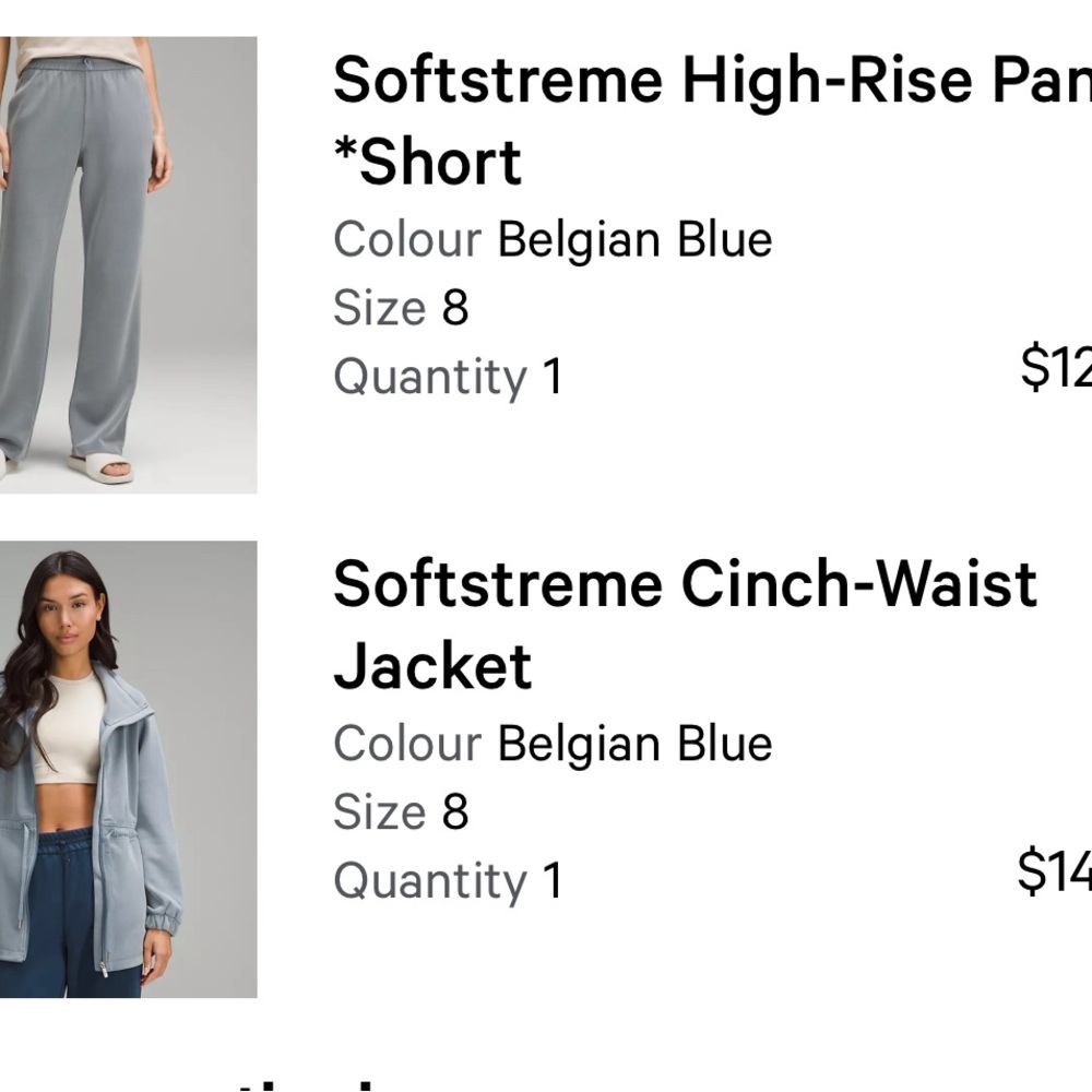 Lululemon Softstreme Cinch  jacket Size 8  High rise Pants Size 8 Short Length